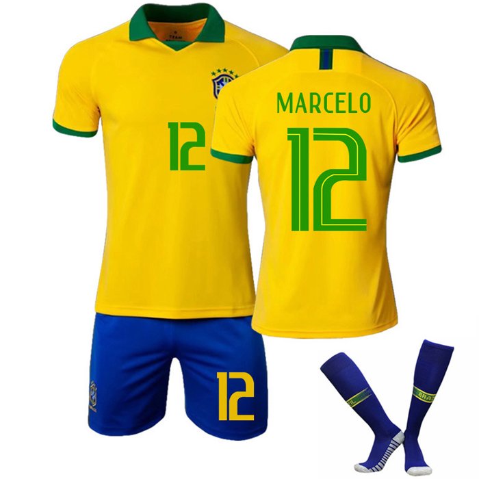 Marcelo #12 Brasil Hjemmedrakt 2019-2020 Gul Kortermet + Blå Korte bukser