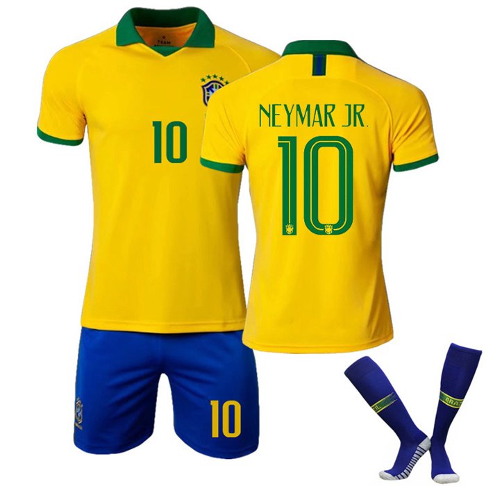 Neymar JR #10 Brasil Hjemmedrakt 2019-2020 Gul Kortermet + Blå Korte bukser