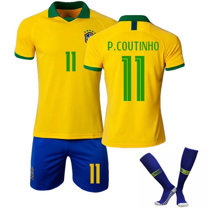 P.Coutinho #11 Brasil Hjemmedrakt 2019-2020 Gul Kortermet + Blå Korte bukser