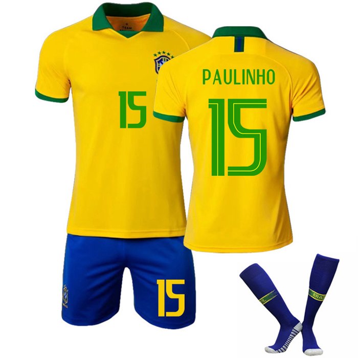 Paulinho 15 Brasil Hjemmedrakt 2019-2020 Gul Kortermet + Blå Korte bukser