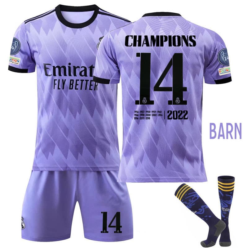 Real Madrid 2022/23 Bortedraktsett 14th UEFA Champions League Barn Lilla Fotballdrakter