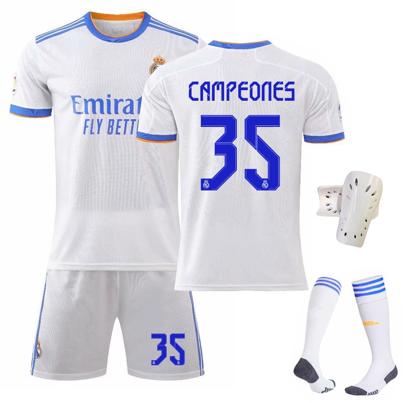 Real Madrid Hjemmedrakt 2021-22 Herre Hvit Kortermet + Korte bukser Champions 35