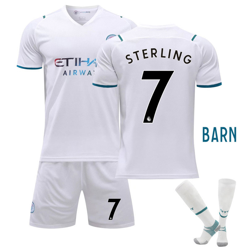 Sterling #7 Manchester City Bortedraktsett Barn 2021-2022 Kortermet + Korte bukser