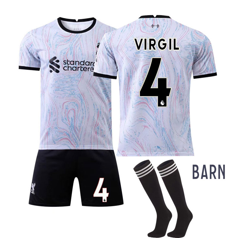 VIRGIL 4 FC Liverpool 2022-2023 Barn Bortedrakt Hvit Kortermet + Sort Korte bukser