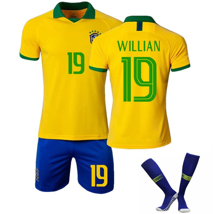 Willian 19 Brasil Hjemmedrakt 2019-2020 Gul Kortermet + Blå Korte bukser