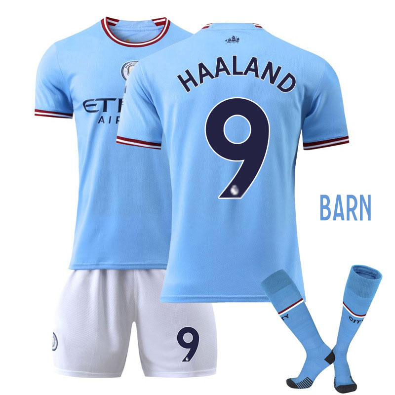 Barn Manchester City Hjemmedrakt 2022-2023 Blå Hvit draktsett Haaland 9