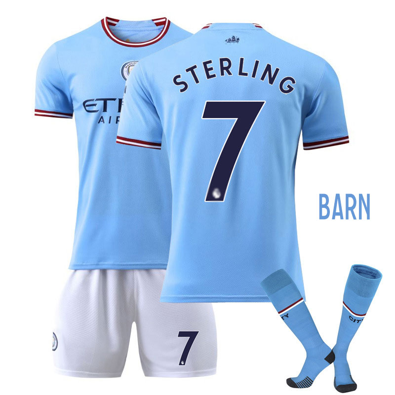 Barn Manchester City Hjemmedrakt 2022-2023 Blå Hvit draktsett Sterling 7
