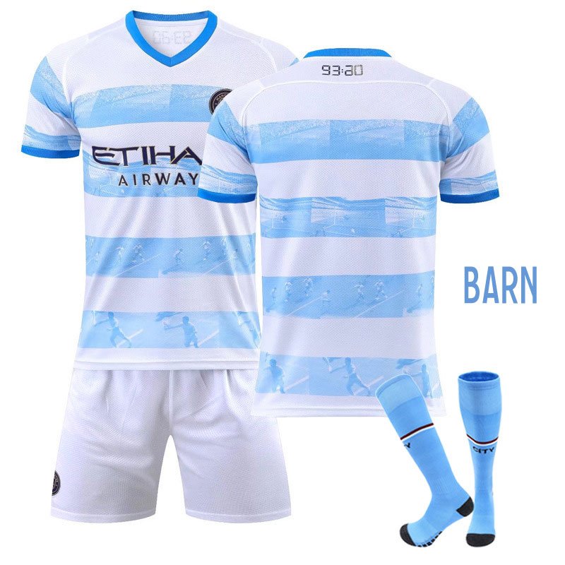 Billige Fotballdrakter Manchester City 9320 Hvit Blå Man City Jubileumstrøyen Barn