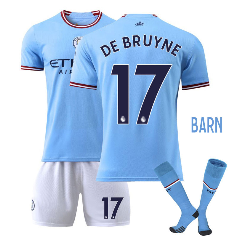 De Bruyne 17 Manchester City Hjemmedrakt 2022-2023 Blå Hvit draktsett Barn