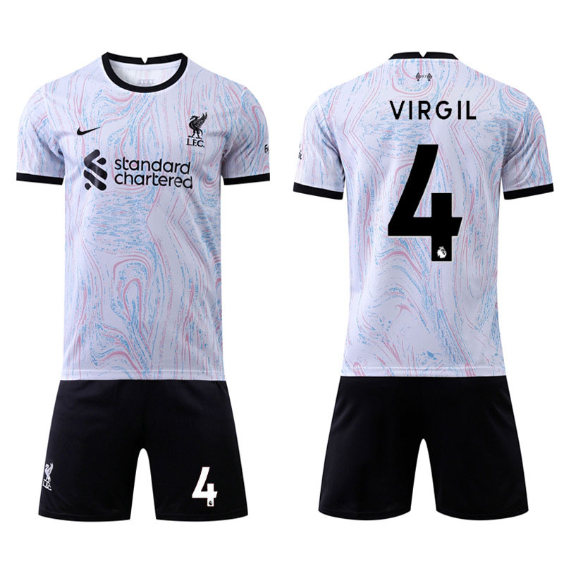 Herre Liverpool FC Bortedrakt 2022-2023 Hvit Kortermet + Sort Korte bukser VIRGIL 4