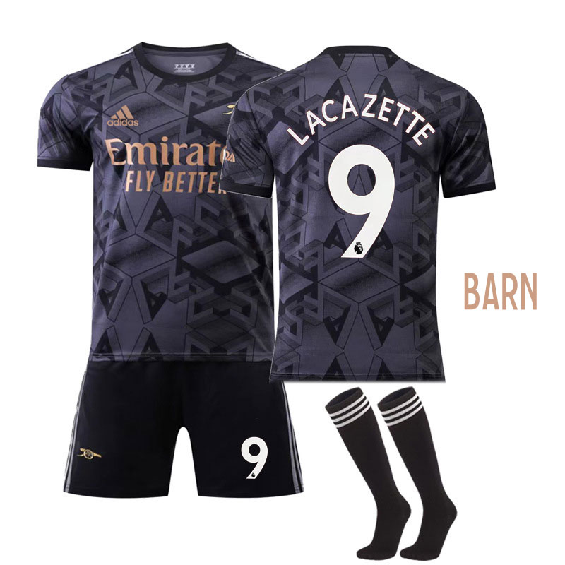 Lacazette 9 Arsenal Bortedrakt 2022-23 Sort Kortermet + Korte bukser Barn