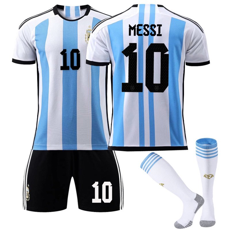 MESSI 10 Argentina Hjemmedrakt FIFA VM 2022 Hvit Blå Kortermet + Sort Korte bukser