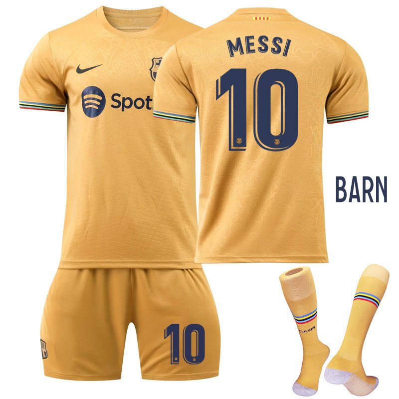 Barn Fotballdrakt FC Barcelona Bortedrakt 2022-23 Kortermet + Korte bukser MESSI 10