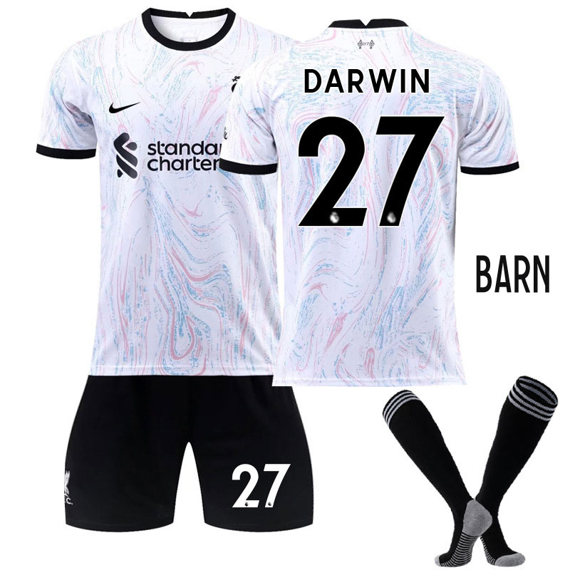 Darwin 27 FC Liverpool 2022-2023 Barn Bortedrakt Hvit Kortermet + Sort Korte bukser