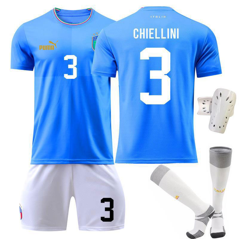 Italia Hjemmedrakt 2022-2023 Blå Kortermet + Hvit Korte bukser Chiellini 3