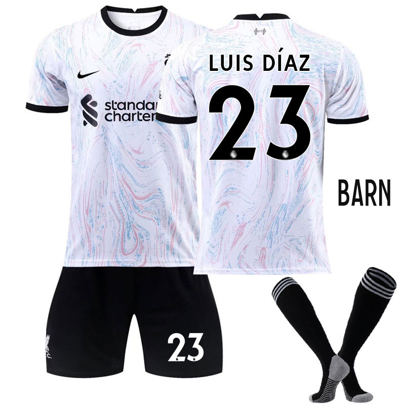 Luis Díaz 23 FC Liverpool 2022-2023 Barn Bortedrakt Hvit Kortermet + Sort Korte bukser