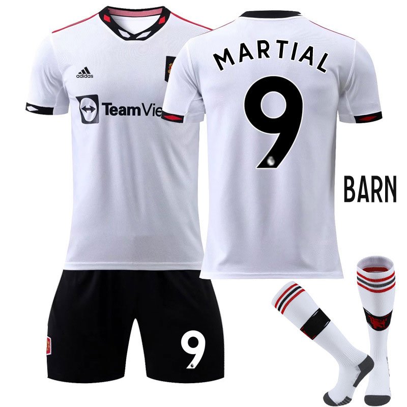 Martial 9 Manchester United Bortedrakt 2022-23 Hvit Kortermet + Sort Korte bukser Barn