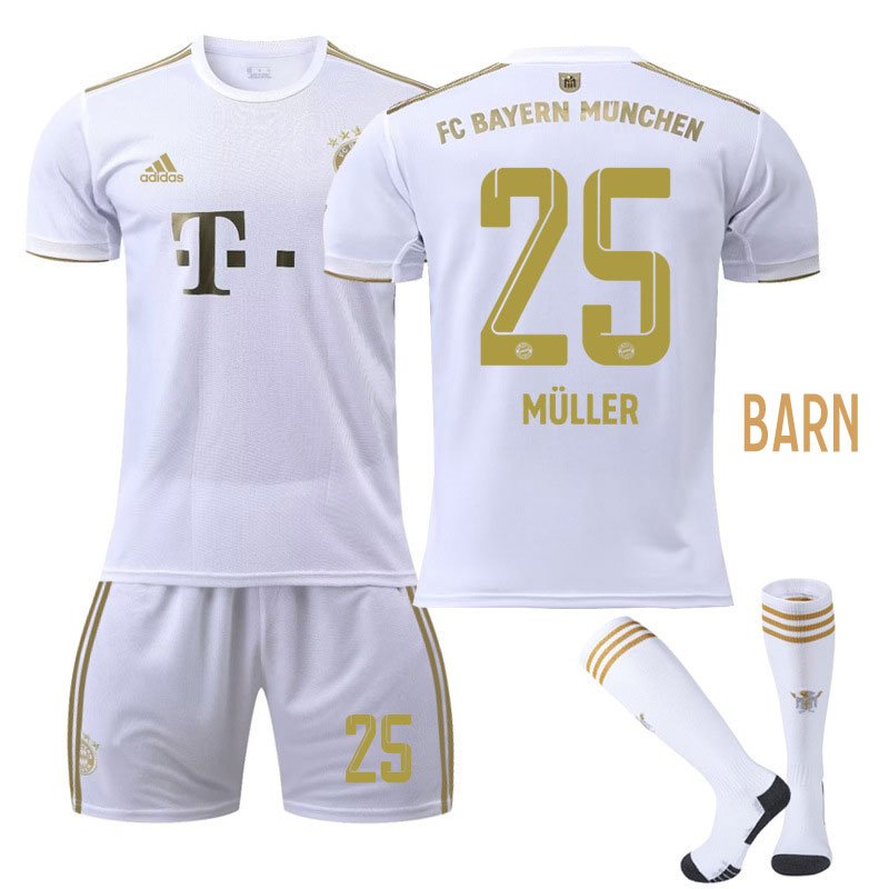 Muller 25 FC Bayern München 2022-23 Bortedraktsett Hvit Gull Kortermet - Barn