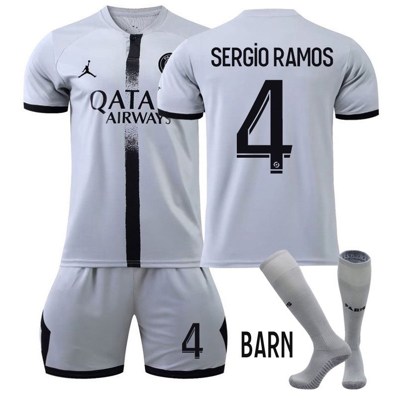 Sergio Ramos 4 Paris Saint-Germain Barn Bortedrakt 2022-23 Grå Kortermet + Korte bukser