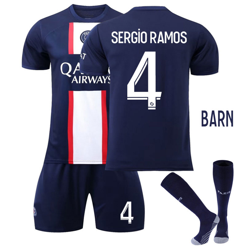 Sergio Ramos 4 Paris Saint-Germain Hjemmedrakt 2022-23 PSG Qatar Airways Kortermet + Korte bukser