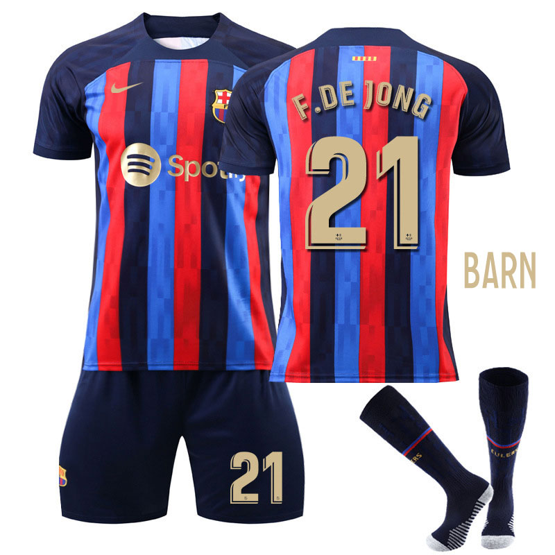 Barn FC Barcelona Hjemmedrakt 2022-23 Kortermet + Korte bukser F.DE JONG 21