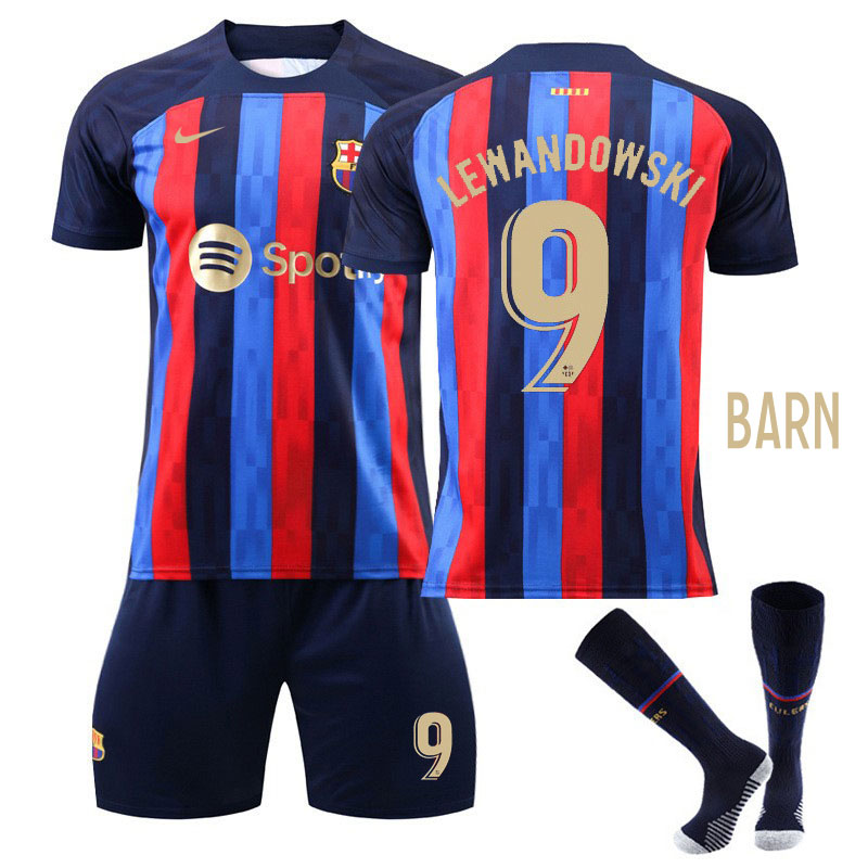 Barn FC Barcelona Hjemmedrakt 2022-23 Kortermet + Korte bukser Lewandowski 9