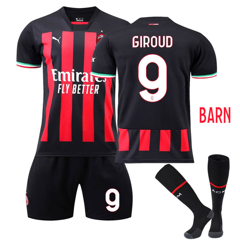 Barn Fotballdrakter Giroud 9 AC Milan Hjemmedrakt 2022-23 Kortermet + Korte bukser