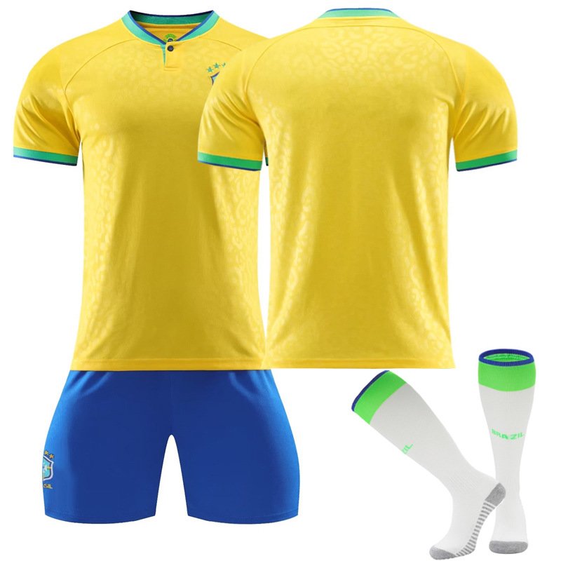 Billige Fotballdrakter Brasil Hjemmedrakt FIFA VM 2022 Gul Kortermet + Blå Korte bukser