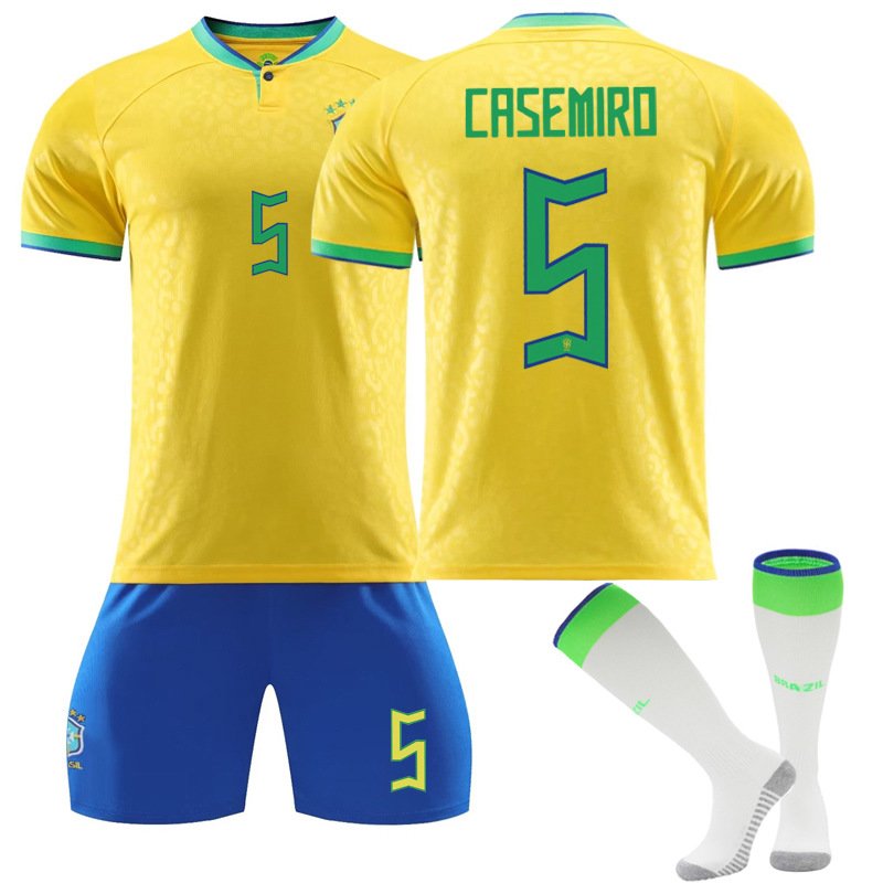 Brasil Hjemmedrakt FIFA VM 2022 Gul Kortermet + Blå Korte bukser Casemiro 5