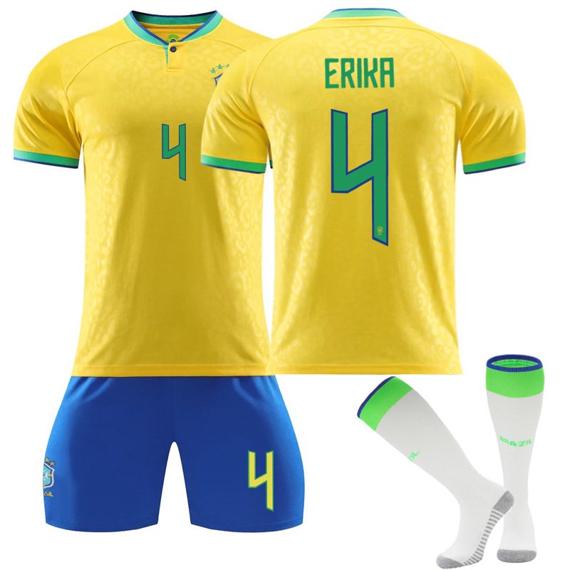 Brasil Hjemmedrakt FIFA VM 2022 Gul Kortermet + Blå Korte bukser Erika 4