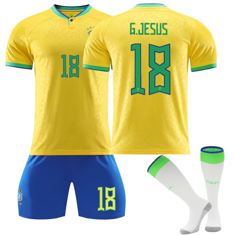 Brasil Hjemmedrakt FIFA VM 2022 Gul Kortermet + Blå Korte bukser G.Jesus 18