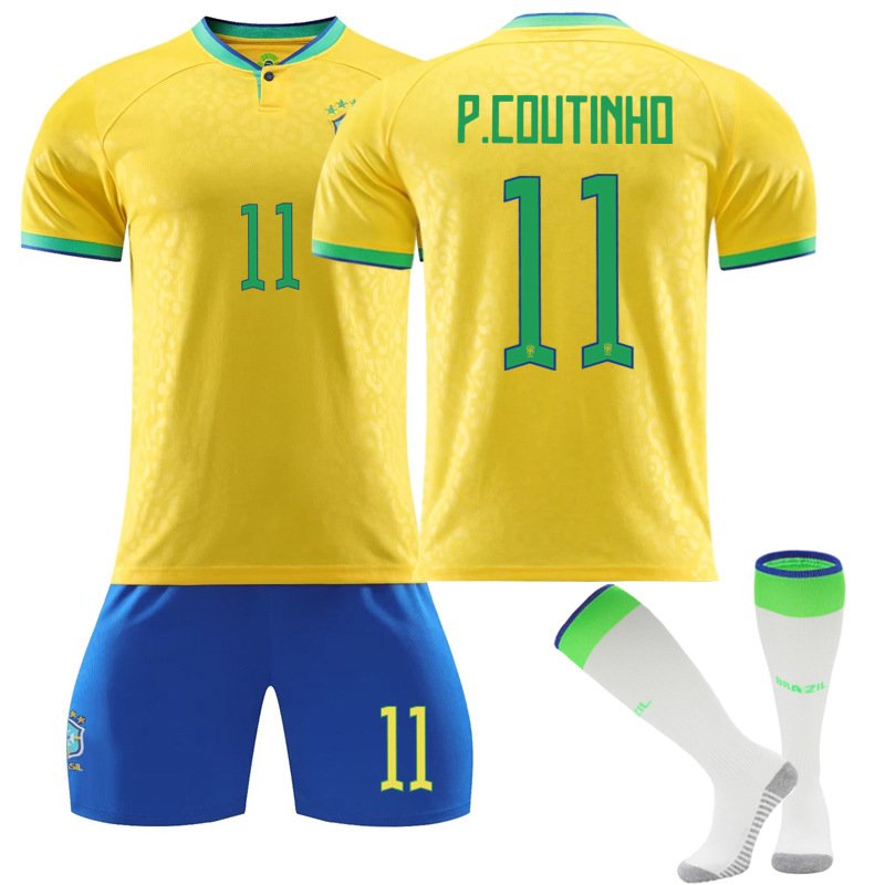 Brasil Hjemmedrakt FIFA VM 2022 Gul Kortermet + Blå Korte bukser P.Coutinho 11
