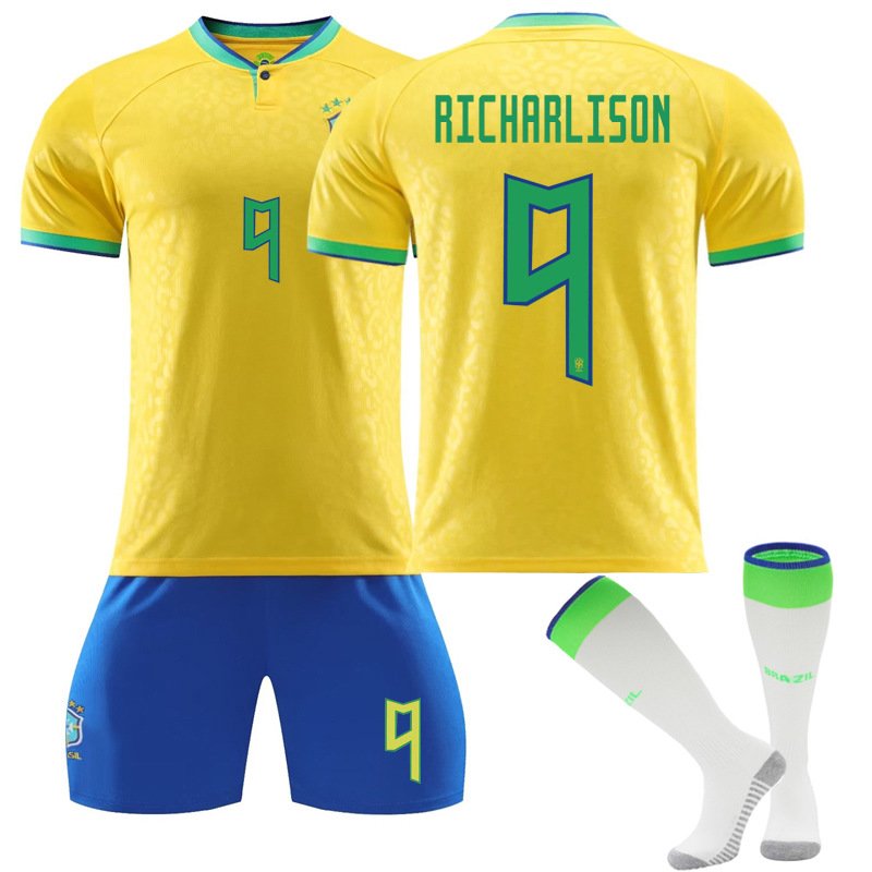 Brasil Hjemmedrakt FIFA VM 2022 Gul Kortermet + Blå Korte bukser Richarlison 9
