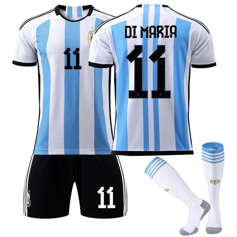 Di Maria 11 Argentina Hjemmedrakt FIFA VM 2022 Hvit Blå Kortermet + Sort Korte bukser