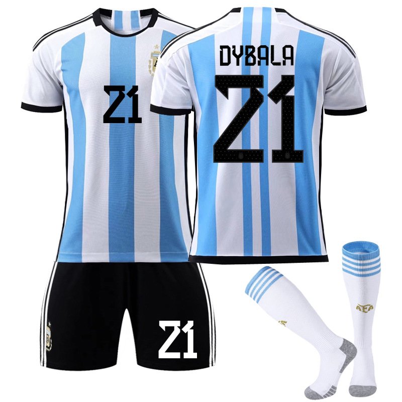 Dybala 21 Argentina Hjemmedrakt FIFA VM 2022 Hvit Blå Kortermet + Sort Korte bukser