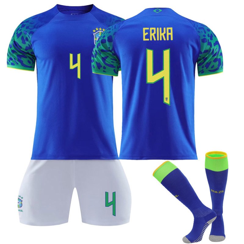 Erika 4 Brasil Bortedrakt FIFA VM 2022 Blå Kortermet + Hvit Korte bukser til herre