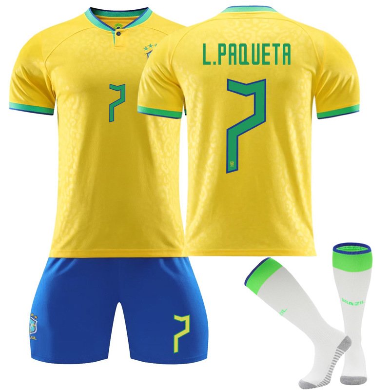 L.Paqueta 7 Brasil Hjemmedrakt FIFA VM 2022 Gul Kortermet + Blå Korte bukser