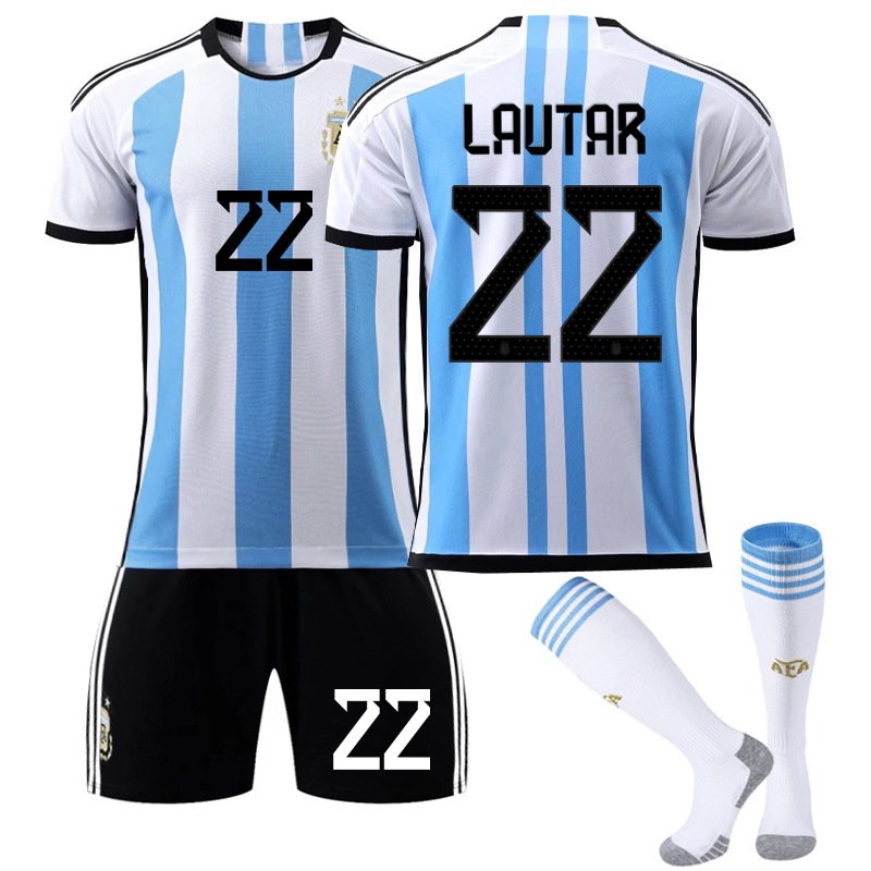 Lautaro 22 Argentina Hjemmedrakt FIFA VM 2022 Hvit Blå Kortermet + Sort Korte bukser