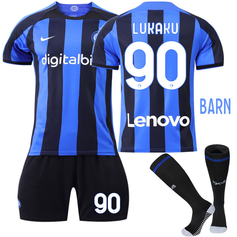 Lukaku 90 Inter Milan Hjemmedrakt 2022/23 Blå Kortermet + Sort Korte bukser Barn