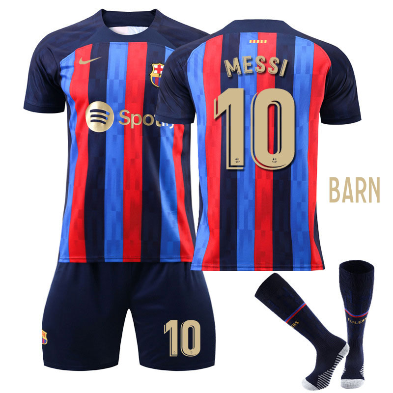 MESSI 10 FC Barcelona Hjemmedrakt 2022-23 Kortermet + Korte bukser Barn