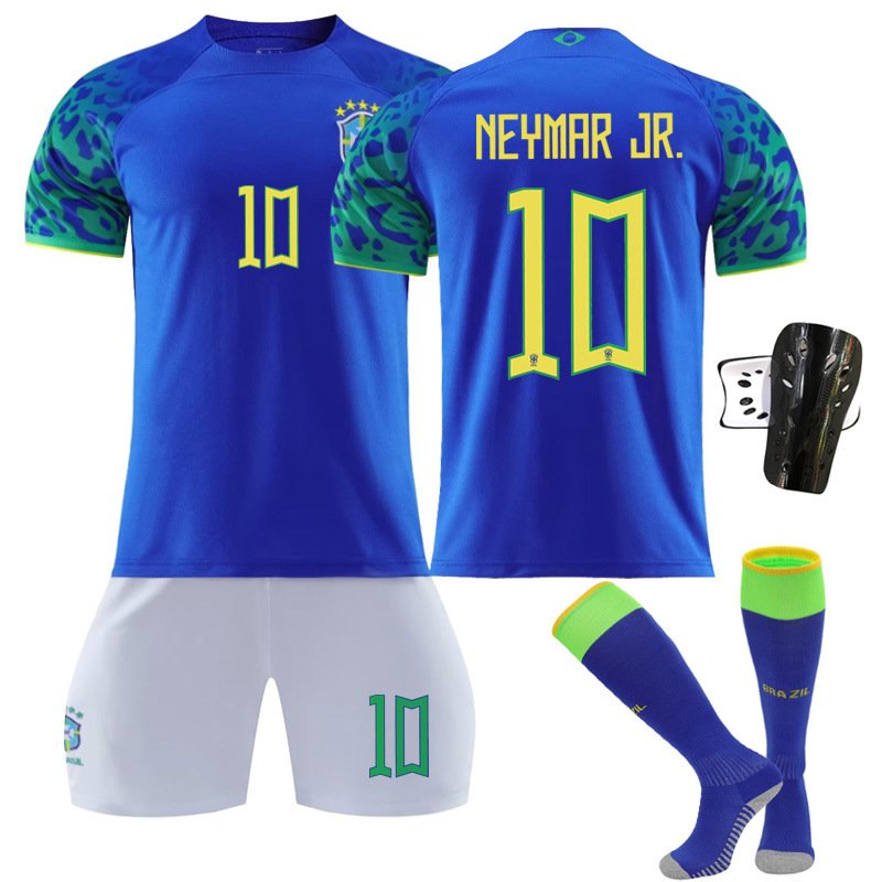 Neymar JR 10 Brasil Bortedrakt FIFA VM 2022 Blå Kortermet + Hvit Korte bukser til herre