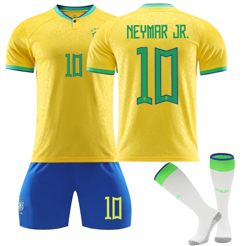 Neymar JR 10 Brasil Hjemmedrakt FIFA VM 2022 Gul Kortermet + Blå Korte bukser