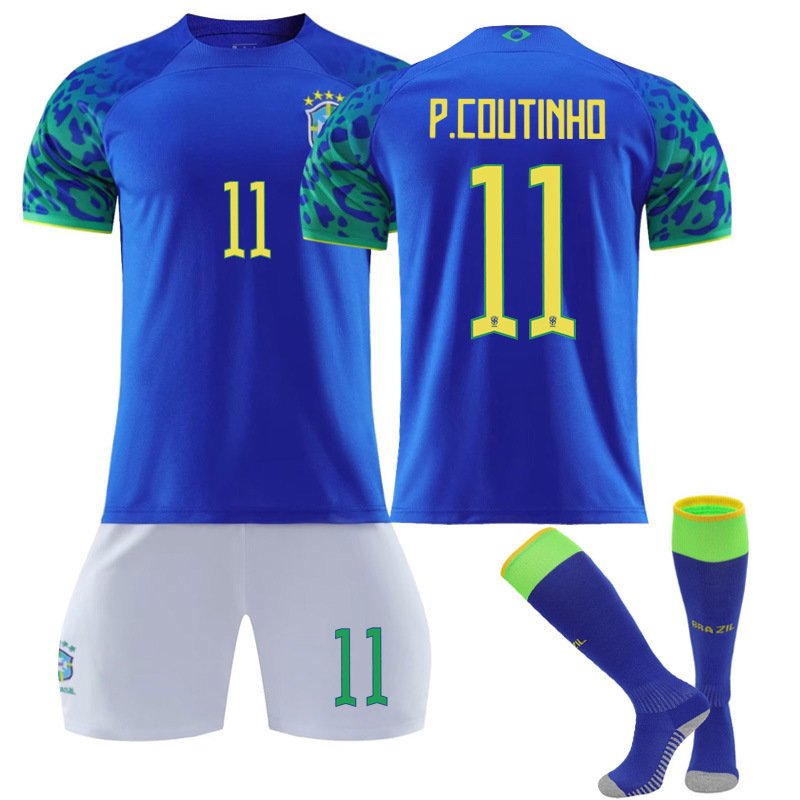 P.Coutinho 11 Brasil Bortedrakt FIFA VM 2022 Blå Kortermet + Hvit Korte bukser til herre