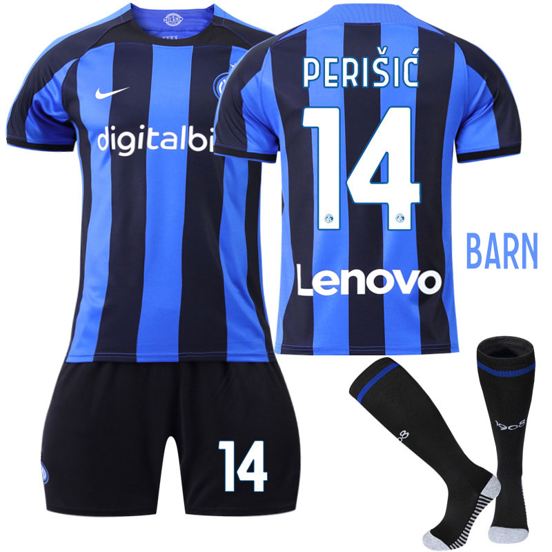 Perišić 14 Inter Milan Hjemmedrakt 2022/23 Blå Kortermet + Sort Korte bukser Barn