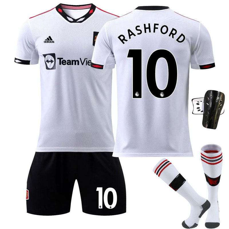 Rashford 10 Manchester United Bortedrakt 2022-23 Herre Hvit Kortermet + Sort Korte bukser