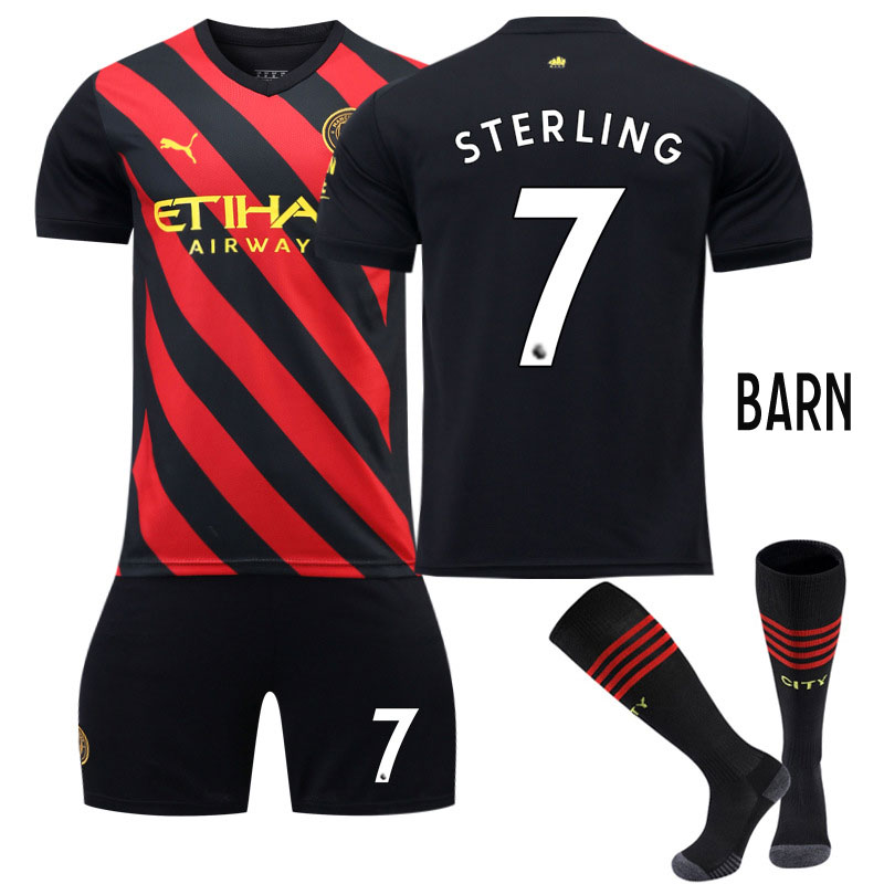 Sterling 7 Manchester City Bortedrakt 2022-23 Barn Kortermet + Korte bukser