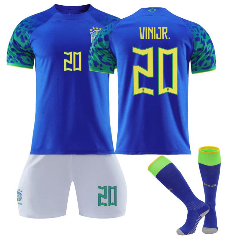 Vini Jr 20 Brasil Bortedrakt FIFA VM 2022 Blå Kortermet + Hvit Korte bukser til herre