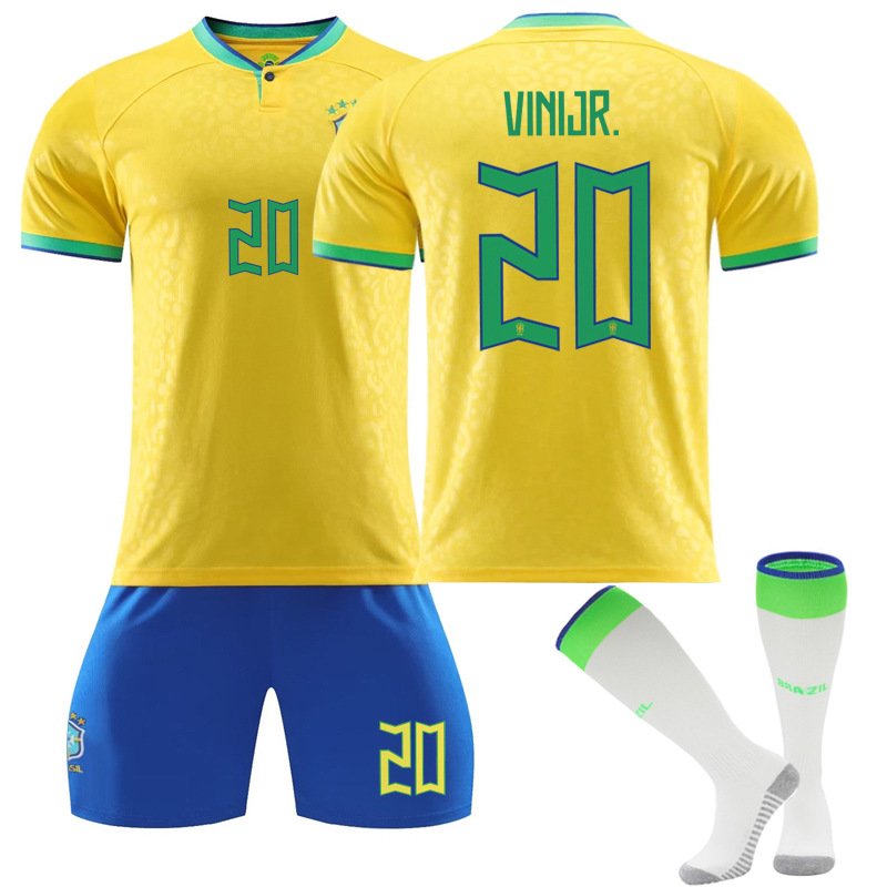 Vini Jr 20 Brasil Hjemmedrakt FIFA VM 2022 Gul Kortermet + Blå Korte bukser