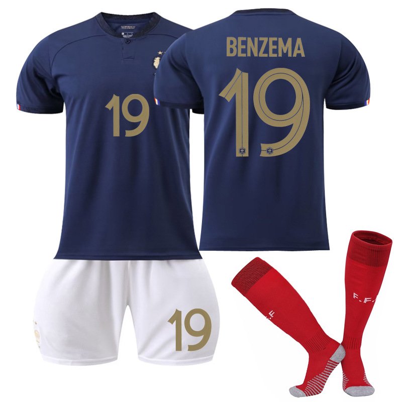 Benzema 19 Frankrike Hjemmedrakt VM 2022 Navy Kortermet + Hvit Korte bukser
