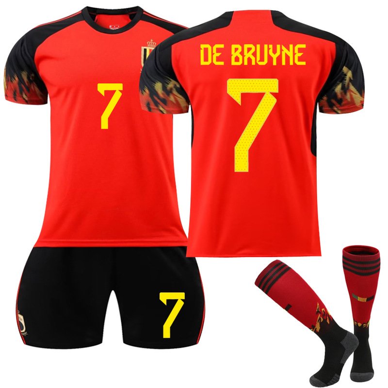 De Bruyne 7 Belgia Hjemmedrakt VM 2022 Rød Kortermet + Sort Korte bukser